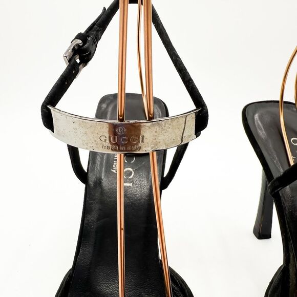 Gucci Black Suede Leather Strappy Heels Pointed Toe Size 7 - Picture 3 of 15